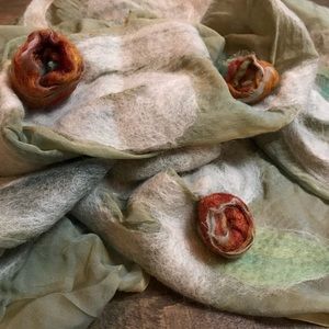 Hand felted silk shawl in sage and orange roses